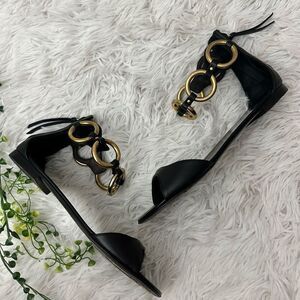 Giuseppe Zanotti Black Leather Gold Ring Ankle Strap OpenToe Sandals 36.5/6.5 US